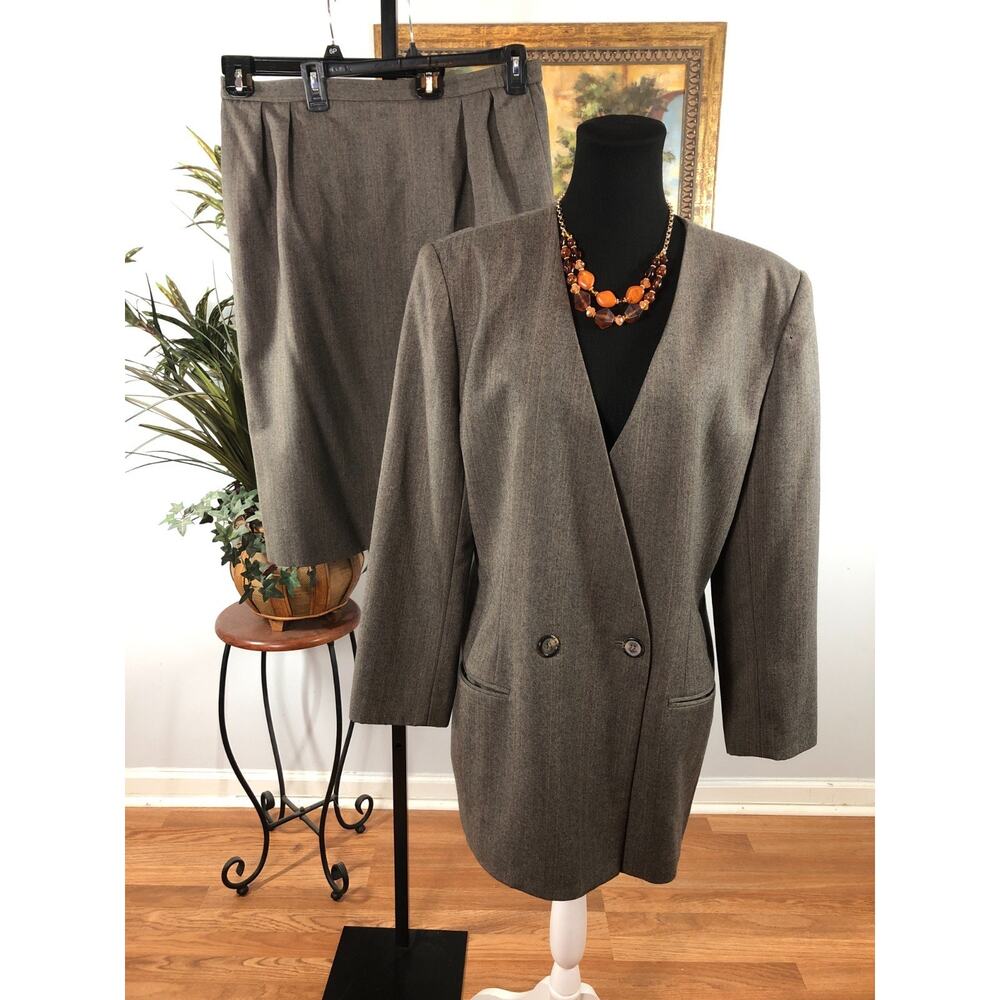 Saville 2 Piece Skirt Suit Women 16 Earthy Brown 100% Wool Double Breasted Offic